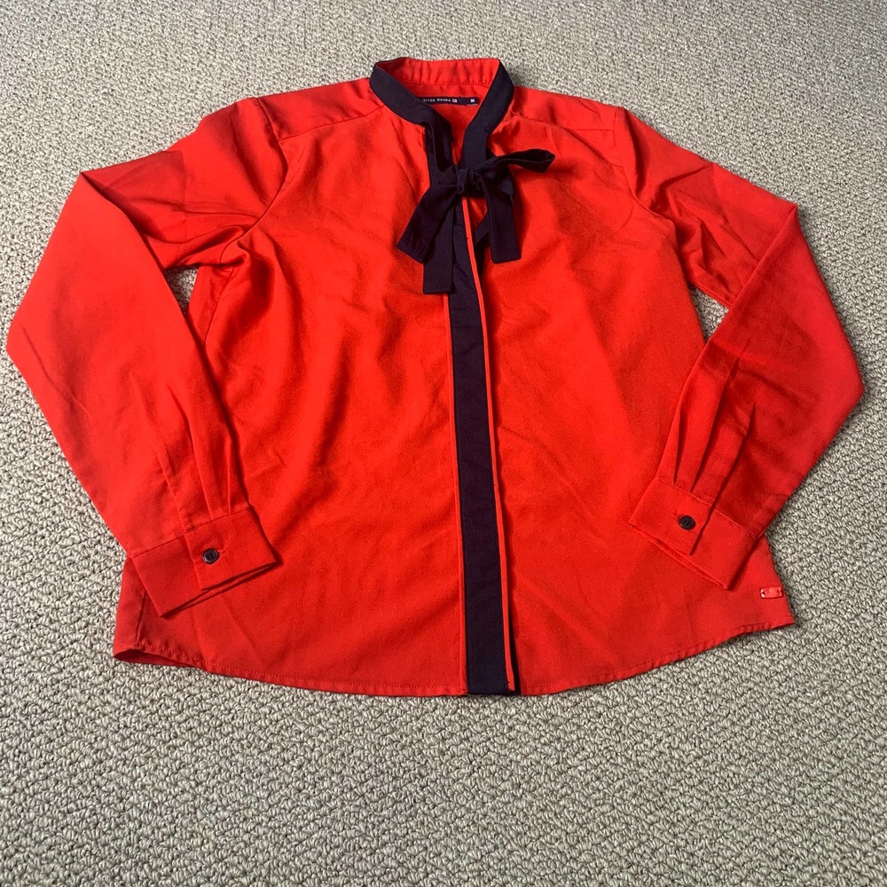 River Woods Womens Blouse Size 36 Red Tie Bow Neck Long Sleeves‎ Button Front